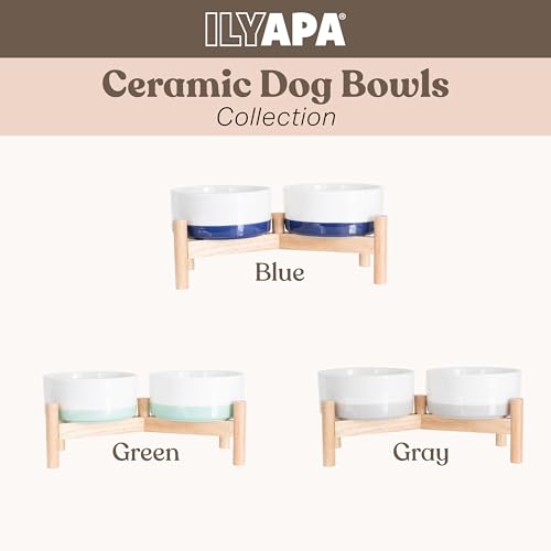 Ilyapa Ceramic Dog Bowls - Elevated for Medium Sized Pet with Raised Food and Water Set - Blue Double 6 inch, 28 Oz Bowls & 13x6.3x5.5 Wooden Stand - color: Blue