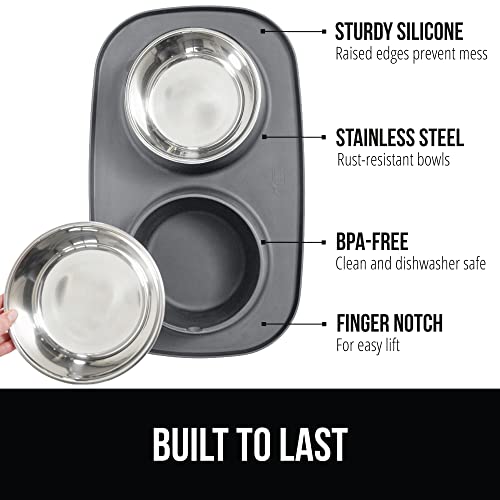 GORILLA GRIP Dog Bowl Set with Slip Resistant Silicone Feeding Mat, Food Grade 304 Stainless Steel Bowls, BPA Free, High Edge Spill Containment, Dishwasher Safe, Finger Notch Removal, 2 Cup, Gray - color: Gray, size: 2 Cup Bowls