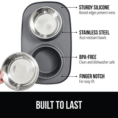 GORILLA GRIP Dog Bowl Set with Slip Resistant Silicone Feeding Mat, Food Grade 304 Stainless Steel Bowls, BPA Free, High Edge Spill Containment, Dishwasher Safe, Finger Notch Removal, 2 Cup, Gray - color: Gray, size: 2 Cup Bowls