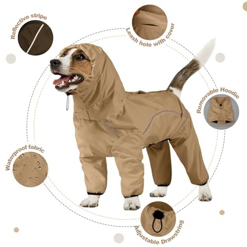 Dog Raincoat, Waterproof Dog Rain Jacket with Removable Hood，Adjustable 4 Legs Pet Poncho with Leash Hole，Reflective Stripe Hooded Snowproof Windproof Clothes for Small to 3X-Large Dogs, L - color: KhakiGreen, size: L