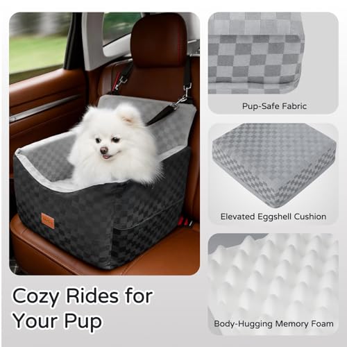 Dog Car Seats for Small Medium Dogs Up to 35lbs | Elevated Dog Booster Seat with Detachable Washable Cover & Cushion | Memory Foam Pet Car Travel Seat with Safety Belt and Storage Pockets (Black Grey) - color: Grey