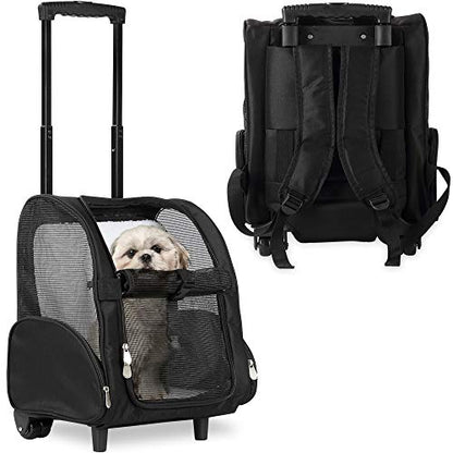 KOPEKS Deluxe Backpack Pet Travel Carrier with Double Wheels for Pets up to 18 Pounds - Black - color: Black, size: 17.5"L x 13.0"W x 20.0"H