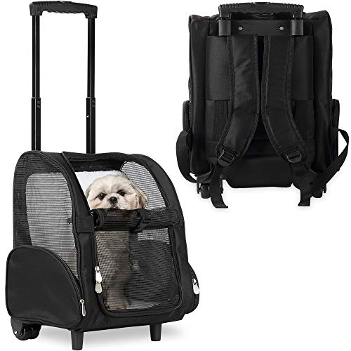 KOPEKS Deluxe Backpack Pet Travel Carrier with Double Wheels for Pets up to 18 Pounds - Black - color: Black, size: 17.5"L x 13.0"W x 20.0"H
