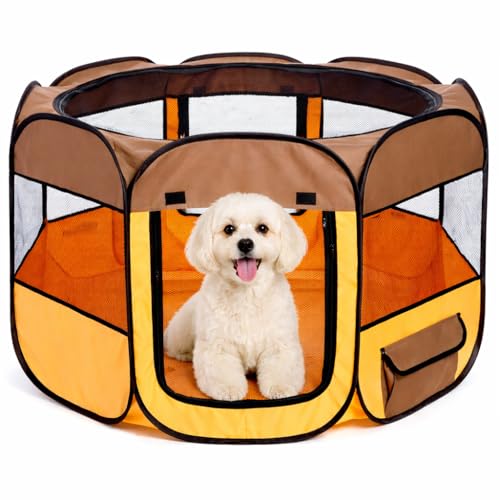 Pet Life All-Terrain Lightweight Wire-Framed Folding Collapsible Pet Playpen, Travel Cat and Dog Playpen, Features Breathable Mesh and Zippered Entrances with Carrying case - color: Brown