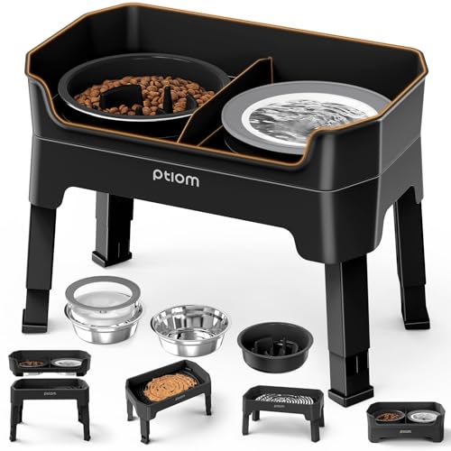 4-in-1 Elevated Slow Feeder Dog Bowls, 4 Height Adjustable Mess Proof Raised Dog Bowl Stand with No Spill Dog Water Bowl, Stainless Steel Dog Food Bowl & Slow Feeder for Large Medium Small Dogs Pets - color: Black, size: Water Bowl + Stainless Steel Bowl