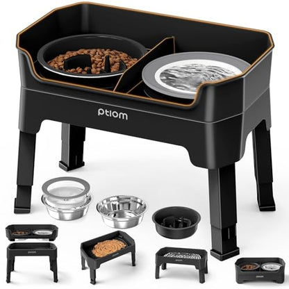 4-in-1 Elevated Slow Feeder Dog Bowls, 4 Height Adjustable Mess Proof Raised Dog Bowl Stand with No Spill Dog Water Bowl, Stainless Steel Dog Food Bowl & Slow Feeder for Large Medium Small Dogs Pets - color: Black, size: Water Bowl + Stainless Steel Bowl