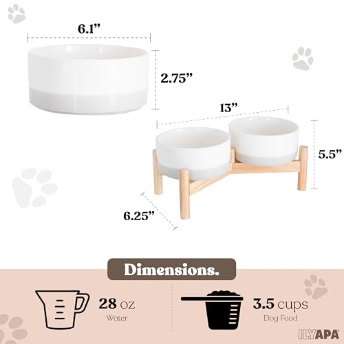 Ilyapa Ceramic Dog Bowls - Elevated for Medium Sized Pet with Raised Food and Water Set - Gray Double 6 inch, 28 Oz Bowls & 13x6.3x5.5 Wooden Stand - color: Gray