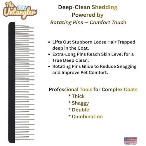 Shedding Comb - Full Staggered EXTRA-Long Shedding and Dematting Rotating Tooth Comb for Grooming Dogs and Cats