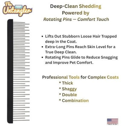 Shedding Comb - Full Staggered EXTRA-Long Shedding and Dematting Rotating Tooth Comb for Grooming Dogs and Cats