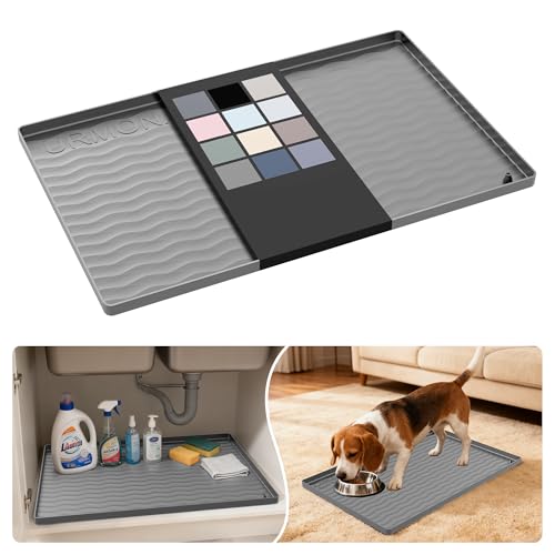 URMONA Waterproof Silicone Under Sink Mat 22'' x 14'' Shelf Liner for Kitchen and Bathroom, Cabinet and Counter Protector, Storage and Organizers, Litter Mat, Pet Cat Puppy Essentials(Beige) - color: Beige, size: 14"W x 22"L
