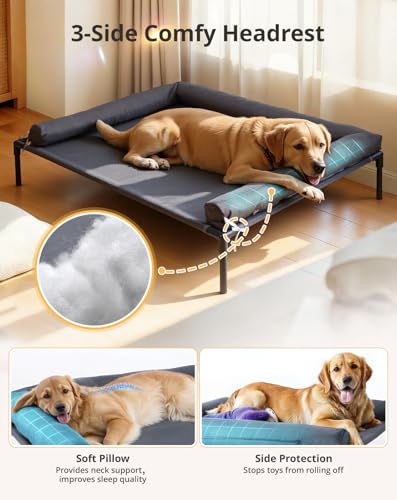 Cooling Elevated Dog Bed, 30x41.8 Raised Dog Bed with Removable Bolster Cushion, Breathable Mesh, Non-Slip Feet, and Metal Frame for Large Breeds Indoor Outdoor - size: Large