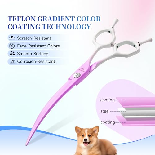 7'' Curved Dog Grooming Scissors Violet to White Gradient | 440C Stainless Steel, Sharp Durable, Professional or Home Use, Ergonomic Handle with 2 Silicone Finger Rings - color: Violet