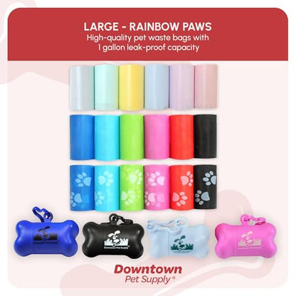 Downtown Pet Supply Rainbow Paw Print Poop Bags (520 CT & 2 Dispensers) - Leak-Proof, Unscented, Clips to Dog Leashes & Harnesses - color: Rainbow Paws, size: 520 Count (Pack of 1)