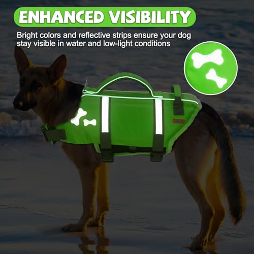 EMUST Dog Life Vests, Adjustable XS Dog Life Jacket with Rescue Handle, Puppy Flotation Vest for Small/Medium/Large Dogs, XS, NewGreen - color: NewGreen, size: XS