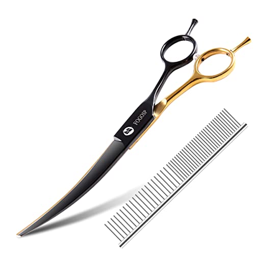 블랙 앤 골드 2색 곡선형 그루밍 가위 강아지용 17.8cm(7인치) 전문 곡선형 반려동물 그루밍 가위 소형견 중형견용 9CR 스테인리스 스틸(블랙 & 골드, 곡선) - color: 블랙 & 골드 커브