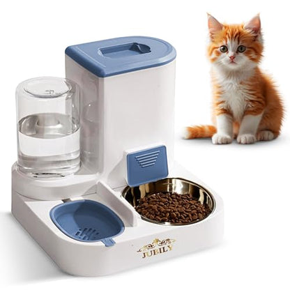 Automatic Cat Feeder & Water Dispenser – Gravity Cat Feeding Station with Stainless Steel Bowl, 2.2L Food & 1L Water Capacity, Automatic Pet Feeder for Cats & Small Dogs (Blue) - color: Blue