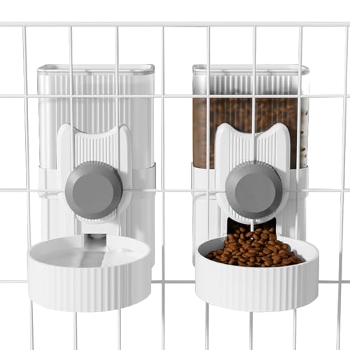 Hanging Cage Automatic Small Pet Food Bowl Water Bottle Dispenser, 1L Auto Gravity Pet Feeder and Waterer Set Kennel Feeding Station Crate Feeder Dish for Rabbit Puppy Cats Ferret (Grey) - color: Grey