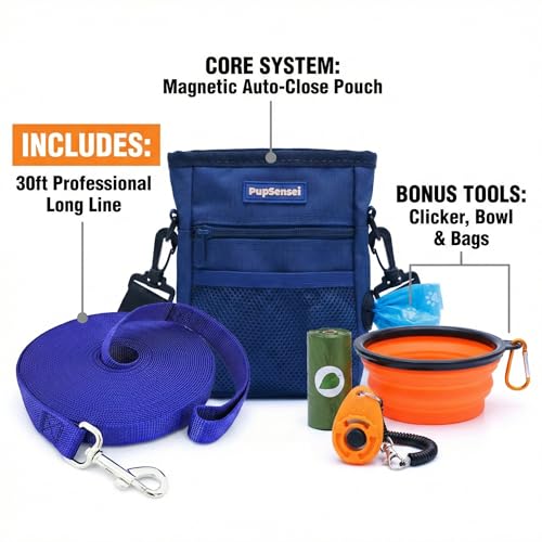 Dog Training Kit & Puppy Starter Set with 30ft Long Leash – Complete Recall System w/Magnetic Treat Pouch, Clicker, Collapsible Bowl & Waste Bags – Professional Tools (Navy Blue) - color: Complete Recall System - Navy Blue