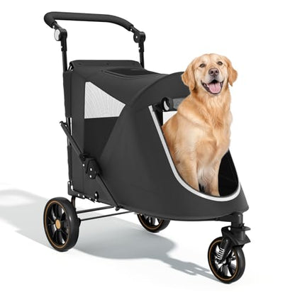 Magshion Pet Stroller for Medium Dogs w/Adjustable Handle, 3-Wheel Dog Cat Wagon w/Dual Entry, Rear Storage, Breathable Mesh, One-Foot Brake, Ideal for Large Pets up to 55 lbs, Black - color: Black, style: Up to 55 lbs