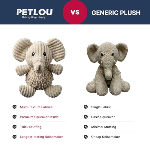 petlou Durable Natural Nubby Plush Dog Toys with Squeaker and Crinkle Paper in Multi-Size (Natural Elephant - M, 10 Inch)