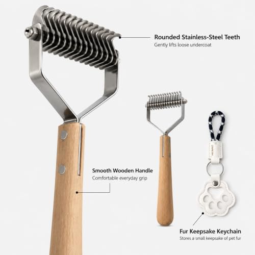 2-in-1 Dog Undercoat Rake and Dematting Tool - Durable Stainless Steel Deshedding Brush with Ergonomic Wooden Handle - Grooming Rake for Long Haired Cats & Dogs with Hair Keepsake Keychain(L)