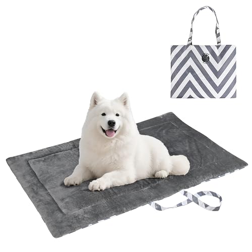 Kritter Planet Waterproof Foldable Dog Bed Pad for Camping & Travel, Portable Roll-Up Dog Bed Car Seat Pet Cushion Mat with Handles for Medium & Large Dogs, Indoor & Outdoor Use - color: Grey Chevron Striped, size: 50"x28"
