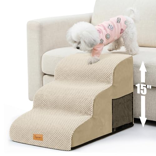 Topmart 3 Tiers Foam Dog Ramps/Steps,Non-Slip Pet Steps | Extra Wide Deep Dog Stairs,High Density Foam Pet Stairs/Ladder,Best for Older Dogs,Cats,Small Pets - color: Beige, size: 23.6*15.7*15.7