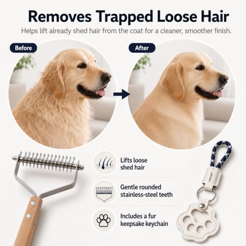 2-in-1 Dog Undercoat Rake and Dematting Tool - Durable Stainless Steel Deshedding Brush with Ergonomic Wooden Handle - Grooming Rake for Long Haired Cats & Dogs with Hair Keepsake Keychain(L)