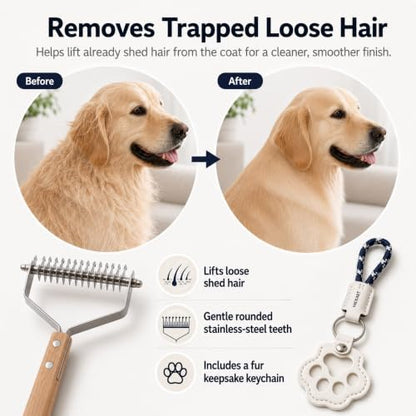 2-in-1 Dog Undercoat Rake and Dematting Tool - Durable Stainless Steel Deshedding Brush with Ergonomic Wooden Handle - Grooming Rake for Long Haired Cats & Dogs with Hair Keepsake Keychain(L)