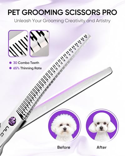 ULG 7.5” Dog Grooming Chunker Shears – 30° Curved Pet Grooming Scissors, Japanese 440C Stainless Steel, 30 Comb & Chunker Teeth, 60% Thinning Rate, Reversible Butterfly Handles for Face, Nose & Body - size: 7.5" Chunker (60% Thinning)