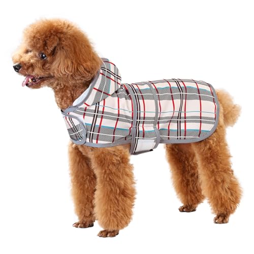 Dog Raincoat, Waterproof Dog Rain Jacket with Hood, Adjustable Rain Coat Poncho with Reflective Strips & Leash Hole for Large Medium Small Dogs Puppies, Lightweight Pet Clothes - color: Khaki Plaid, size: Small