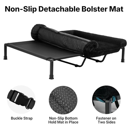 Veehoo Elevated Dog Beds Large Sized Dog with Fluffy Plush Bolster Cushion, Washable Orthopedic Dogs Couch Bed, Raised Pet Cot with Removable Mat, Breathable Mesh, No-Slip Feet, 59 x 37 inches, Black - color: Black, size: 59"L x 37"W x 7.9"Th