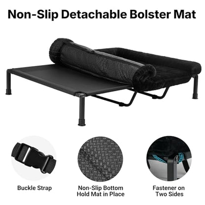 Veehoo Elevated Dog Beds Large Sized Dog with Fluffy Plush Bolster Cushion, Washable Orthopedic Dogs Couch Bed, Raised Pet Cot with Removable Mat, Breathable Mesh, No-Slip Feet, 59 x 37 inches, Black - color: Black, size: 59"L x 37"W x 7.9"Th