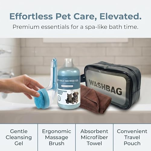[Zmonap] Dog Cat Bath Brush Kit with Soap Dispenser, 250ML Gentle Pet Shower Gel, Super Absorbent Quick Dry Towel & Waterproof Storage Bag, All-in-One Pet Grooming Bathing Supplies for Indoor Outdoor