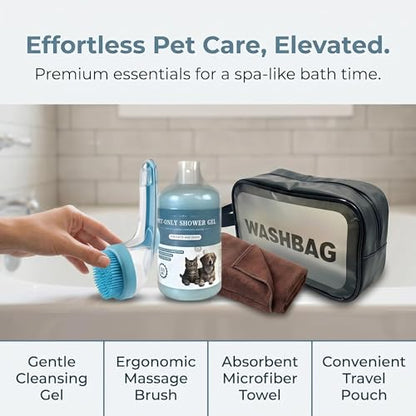 [Zmonap] Dog Cat Bath Brush Kit with Soap Dispenser, 250ML Gentle Pet Shower Gel, Super Absorbent Quick Dry Towel & Waterproof Storage Bag, All-in-One Pet Grooming Bathing Supplies for Indoor Outdoor