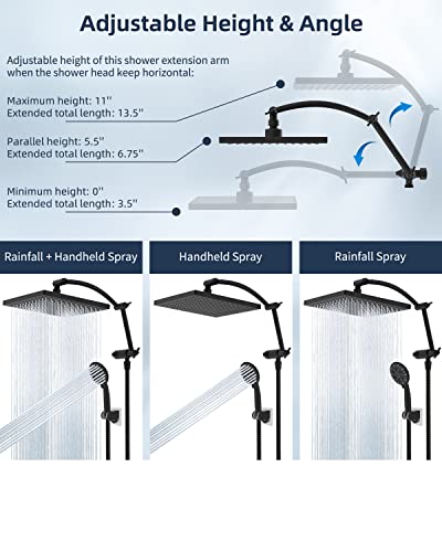 Hibbent Thickness 10'' Rain Shower Head, High Pressure Handheld Spray, Showerhead Combo with 16'' Adjustable Arc Shower Extension Arm, 7 Settings, 71'' Hose, Adhesive Shower Holder, Matte Black