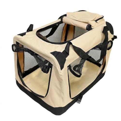 4 Door Foldable Collapsible Dog Crate Portable Travel Cage Oxford Fabric Carrying Bag Fleece Bed Storage Pockets Kennel Large Medium Small,Beige,XXS - color: Beige, size: XXS