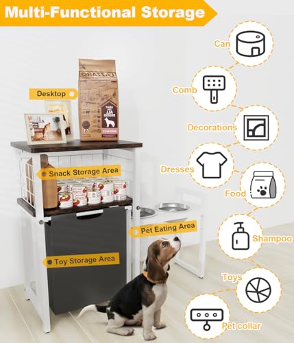 30.6Long x 26.2 High Elevated Dog Bowl Stand with Pet Food Storage Organizer, Adjustable Raised Feeding Station with Toy Basket for Large Medium Small Dogs and Cats, White - color: White