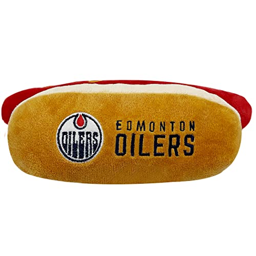 Pets First NHL Edmonton Oilers HOT Dog Plush Dog & CAT Squeak Toy - Cutest HOT-Dog Snack Plush Toy for Dogs & Cats with Inner Squeaker & Beautiful Hockey Team Name/Logo 8 x 5 x 3 Inches - color: Edmonton Oilers, style: NHL Hot Dog Toy