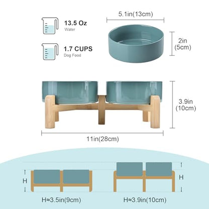 SPUNKYJUNKY Elevated Dog Bowls Ceramic, 5.1'' Dogs and Cat Food Water Bowls Raised with Non-Slip Bamboo Stand for Puppy Small Sized Breed Microwave Dishwasher Safe - 13.5 OZ,Dark Green - color: Dark Green, size: 5.1 in - 1.7 cups