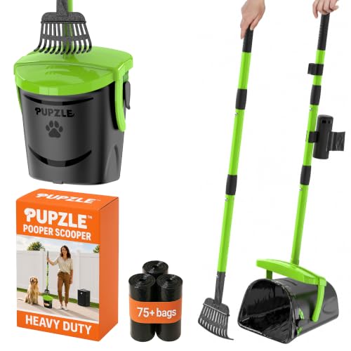 Pupzle Dog Pooper Scooper with Bag Attachment, 40" Long Handle Pooper Scooper for Large Dogs, Dog Poop Scoop for Yard, Large Capacity Swivel Bin and Rake, Lavender Scented Bags (Green) - color: Green