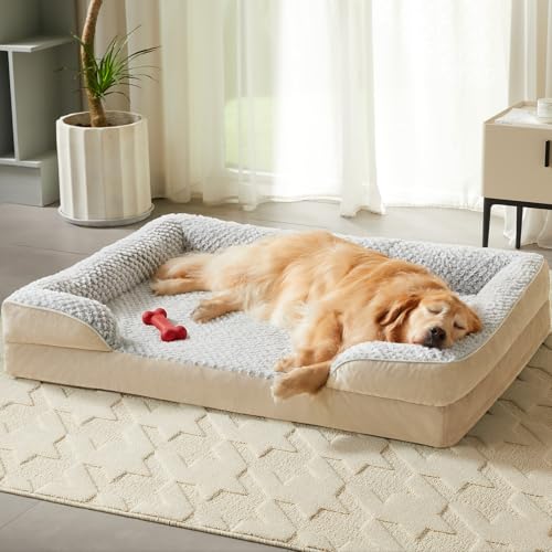 LEXTRO Orthopedic Dog Bed for Extra Large Dogs, Egg Crate Foam Bed for Extra Large Dogs, Equipped with Removable Waterproof Pillow Cover and Anti-Slip Bottom, Pet Bed - color: Beige, size: 48"L x 35"W x 7.5"TH