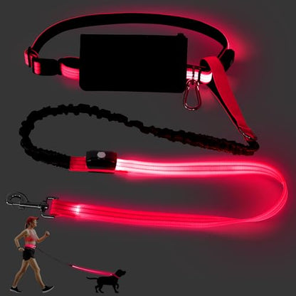 LED Hands Free Dog Leash, Waist Leash for Dog Walking, Retractable Bungee Light Up Dog Leash, LED Handless Dog Running Leash, Reflective Running Leash for Jogging Training Hiking (Pink) - color: Pink