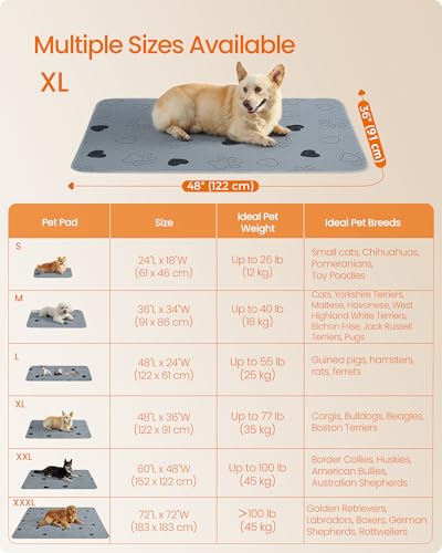 Feandrea Washable Dog Pee Pads, 2 Pack, Reusable, 48 x 36 Inches, XL, Waterproof Pet Training, Leakproof, Non-Slip, Super Absorbent, Gray UPTD036G01 - size: XL (48"L x 36"W)