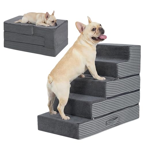 Dog Stairs for Small Dogs, 22.5" H Foldable Dog Steps for High Bed | 2 in 1 Pet Stairs Get on Couch, Transformable Cats Stairs, Non-Slip Balanced, Grey - size: 15.7 X 30 X 22.5 In