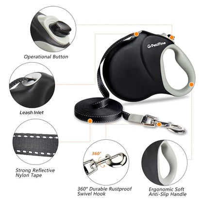 PetiFine Retractable Dog Leash for Large Dogs, 26 FT Heavy Duty Extendable Dog Leash up to 110lbs, Reflective Strong Nylon Tape, One-Handed Brake - color: Black
