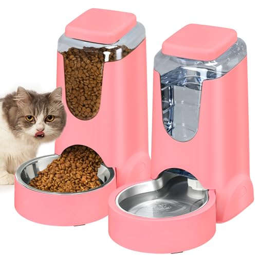 Automatic Cat Feeder and Water Dispenser with Stainless Steel Bowl Dog Gravity Food Feeder and Waterer for Small Medium Pets Puppy Kitten 1 Gallon x 2 - color: Pink（3.8L*2）