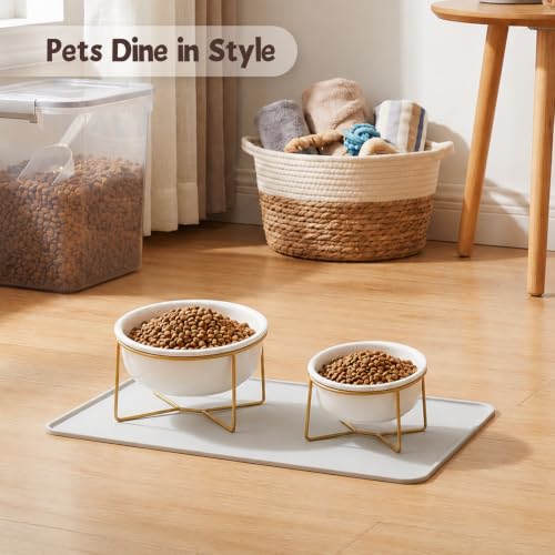 White Large Ceramic Tilted Elevated Cat Dog Bowl Raised Cat Food Water Bowl Dish Pet Comfort Feeding Bowls with Gold Iron Stand - color: White, size: Large