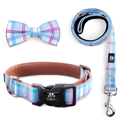 IVY&LANE Dog Collar with Bowtie and Leash Set | Plaid Adjustable Dog Collar | Detachable Bow Tie |5 FT Dog Leash | for Small Medium Large Dogs | Checkered Blue | Small - color: Checkered Blue, size: S