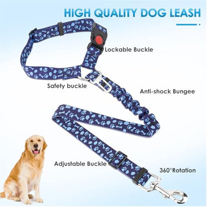 Lukovee Dog Seatbelt Leash for Cars, 2 Pack Pet Safety Car Seat Belt with Adjustable Buckle & Reflective Bungee, Connect Dog Harness in Vehicle Car Dogs Restraint Travel Daily Use (Blue Paw) - color: C-Blue Paw